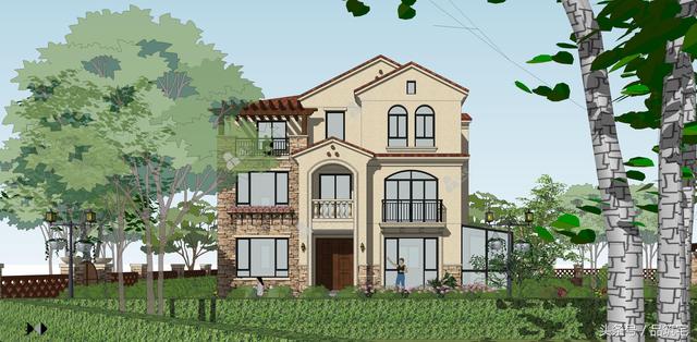 12X10三層西班牙風(fēng)格別墅圖，戶型方正、緊湊實用，有露臺有陽光房有院子，一家共享天倫~