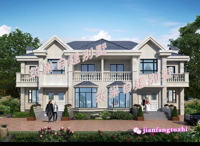 二層農村兄弟雙拼房別墅設計圖效果圖，總面積450平方米22x11米，對稱設計彰顯房屋的氣勢