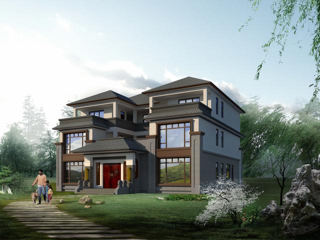 三層新中式別墅合院設(shè)計圖，階梯式外觀時尚大氣，內(nèi)部功能房齊全