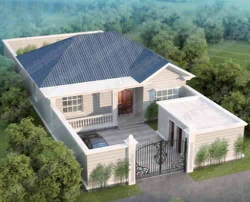 20萬(wàn)一層帶庭院和副樓12×20米2廳3臥農(nóng)村別墅全套設(shè)計(jì)施工圖，采用坡屋頂，雅觀精致