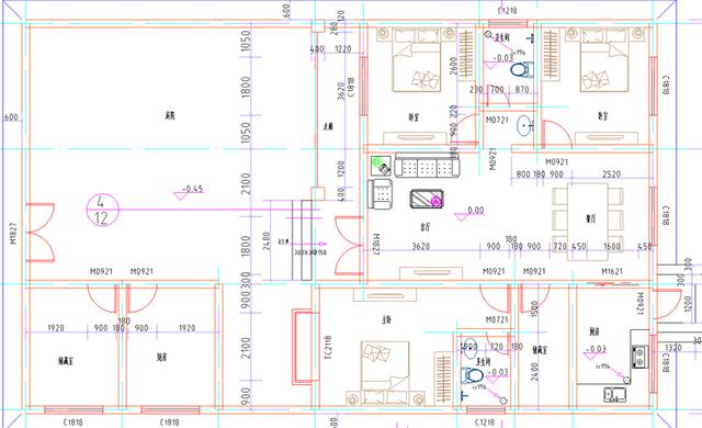 20萬(wàn)一層帶庭院和副樓12×20米2廳3臥農(nóng)村別墅全套設(shè)計(jì)施工圖，采用坡屋頂，雅觀精致