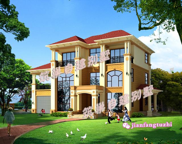 三層豪華農(nóng)村別墅全套設(shè)計(jì)圖，帶雙車(chē)庫(kù)，18x13米。