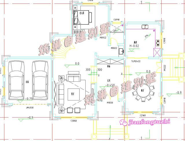 三層豪華農(nóng)村別墅全套設(shè)計(jì)圖，帶雙車(chē)庫(kù)，18x13米。