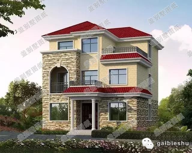 30萬占地100㎡4廳6臥三層別墅設(shè)計圖,整體外觀簡約而氣質(zhì)流露，坡屋頂設(shè)計增加美感