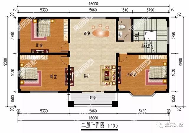 四層別墅設(shè)計圖，16×9.5米，外觀氣派，內(nèi)設(shè)小臺階，由里到外都很有檔次