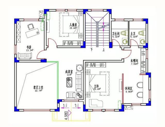 14×11米3廳5臥歐式田園三層農(nóng)村自建房，造價40萬，帶挑空客廳。