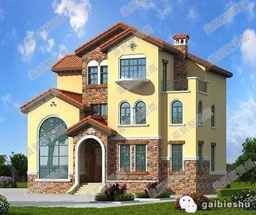 14×11米3廳5臥歐式田園三層農(nóng)村自建房，造價40萬，帶挑空客廳。