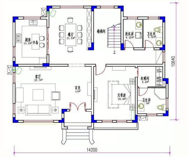 14×11米3廳5臥歐式田園三層農(nóng)村自建房，造價40萬，帶挑空客廳。
