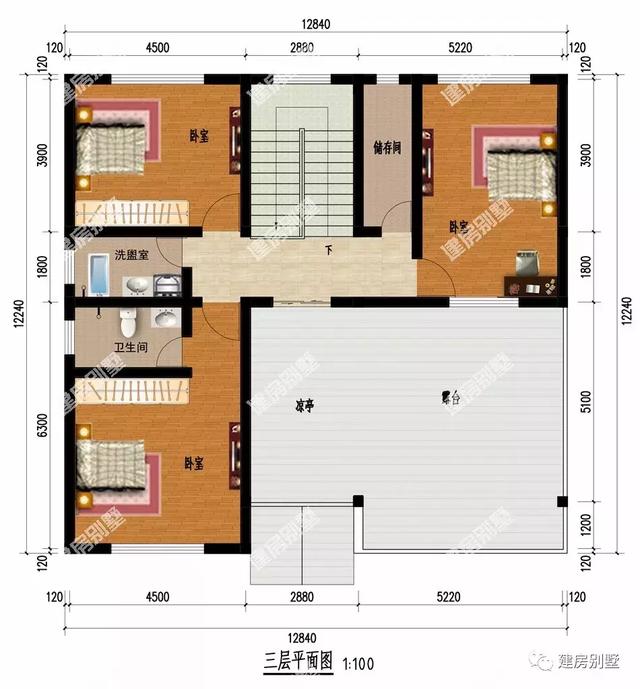 12.8×12.2米農(nóng)村三次別墅設(shè)計(jì)圖，布局很實(shí)用且主次臥設(shè)計(jì)分明