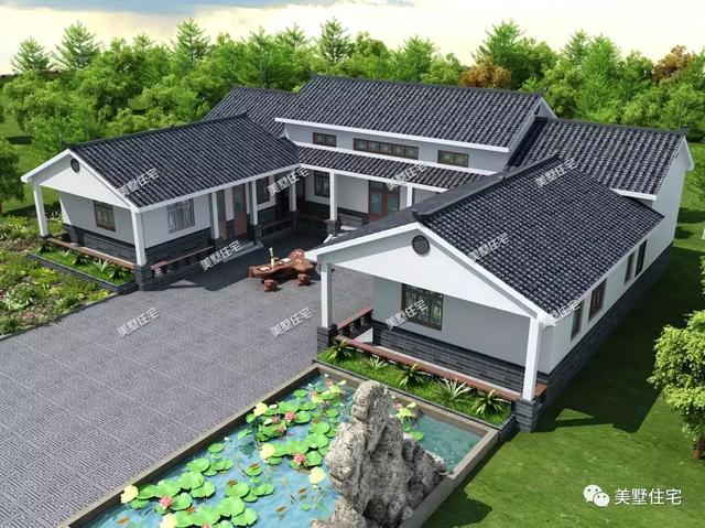 一款新中式風(fēng)格三合院設(shè)計(jì)圖，帶堂屋和土灶，中國(guó)人住有中國(guó)味的別墅