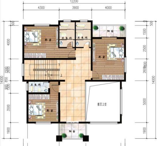 50萬12×14米3廳8臥帶落地窗三層農(nóng)村別墅戶型設(shè)計圖，外觀色調(diào)搭配清新明亮