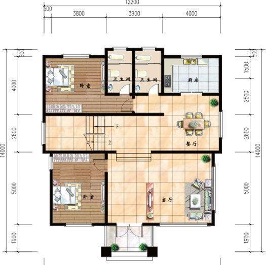 50萬12×14米3廳8臥帶落地窗三層農(nóng)村別墅戶型設(shè)計圖，外觀色調(diào)搭配清新明亮