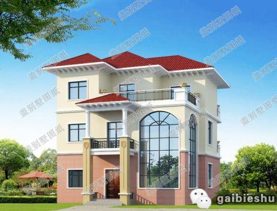 50萬12×14米3廳8臥帶落地窗三層農(nóng)村別墅戶型設(shè)計圖，外觀色調(diào)搭配清新明亮