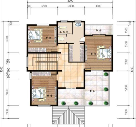 50萬12×14米3廳8臥帶落地窗三層農(nóng)村別墅戶型設(shè)計圖，外觀色調(diào)搭配清新明亮