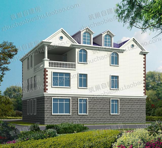 2款奢華三層開間面寬約15米農(nóng)村私家別墅施工設(shè)計圖效果圖，帶有多個超大落地窗