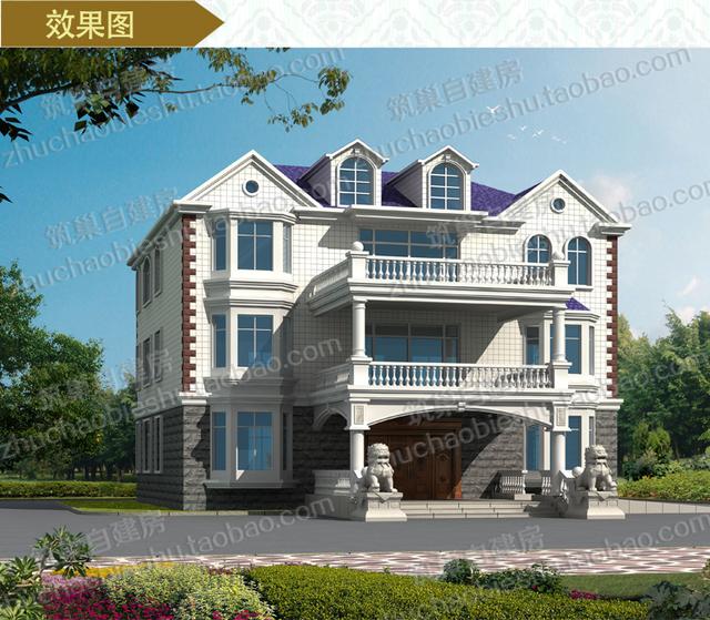 2款奢華三層開間面寬約15米農(nóng)村私家別墅施工設(shè)計圖效果圖，帶有多個超大落地窗