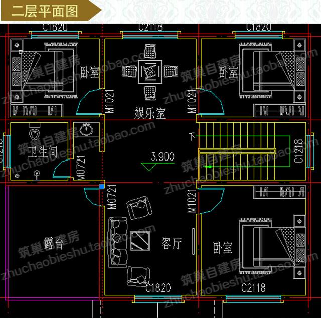 20萬11×10米3廳5臥帶娛樂室二層自建房施工圖效果圖，戶型設(shè)計簡單實用，施工難度低，適合農(nóng)村建造
