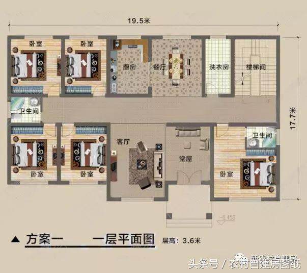 一層農(nóng)村自建別墅圖，帶閣樓和堂屋，5間臥室和4間臥室，給父母養(yǎng)老的最佳選擇