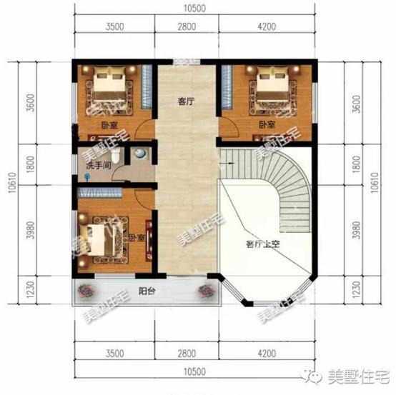 10X10米二層別墅設(shè)計圖，4室2衛(wèi)+挑空客廳，方正戶型財運滾滾來