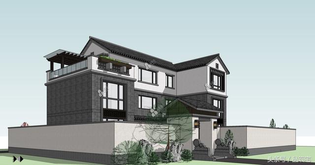 三層中式別墅設(shè)計(jì)圖，綠水青山白墻黛瓦，鄉(xiāng)間恬淡生活躍然眼前