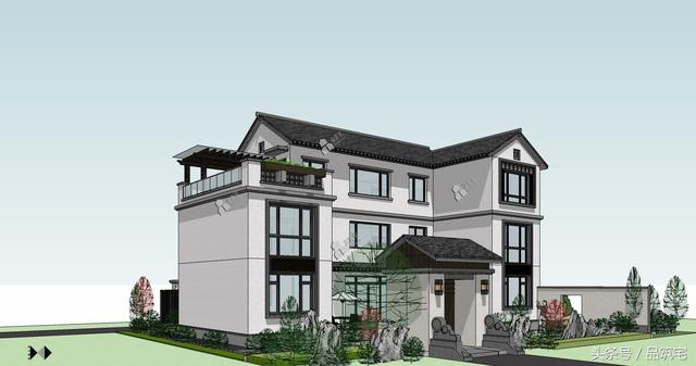 三層中式別墅設(shè)計(jì)圖，綠水青山白墻黛瓦，鄉(xiāng)間恬淡生活躍然眼前