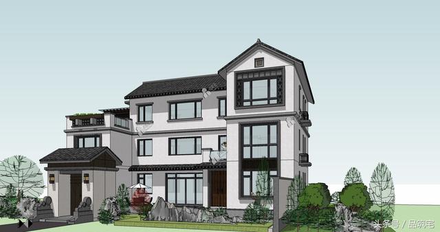 三層中式別墅設(shè)計(jì)圖，綠水青山白墻黛瓦，鄉(xiāng)間恬淡生活躍然眼前