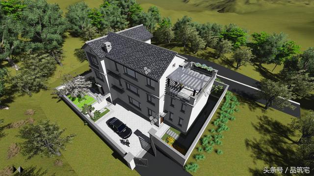 三層中式別墅設(shè)計(jì)圖，綠水青山白墻黛瓦，鄉(xiāng)間恬淡生活躍然眼前