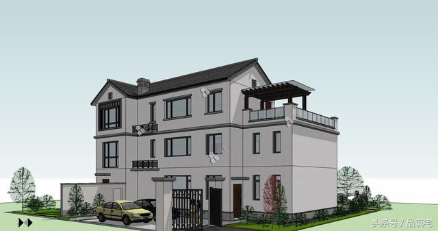 三層中式別墅設(shè)計(jì)圖，綠水青山白墻黛瓦，鄉(xiāng)間恬淡生活躍然眼前