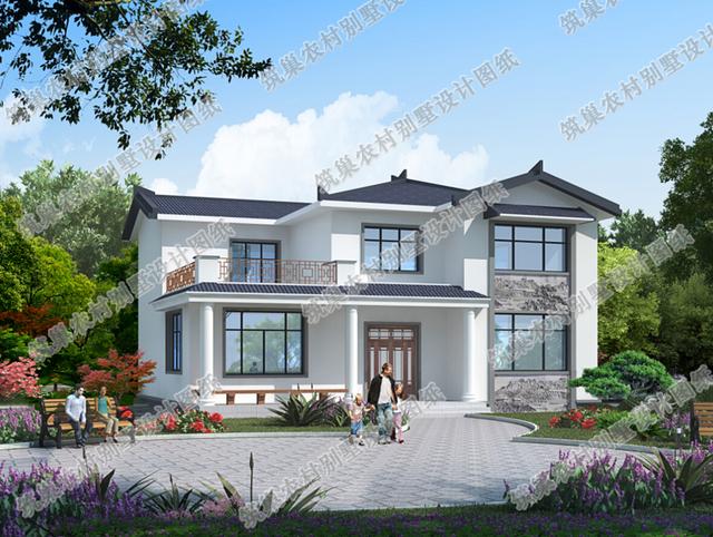 14×12米25萬4廳5臥二層中式風(fēng)格自建別墅施工效果圖