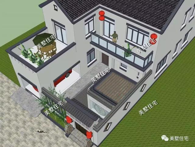 兩層新中式別墅設(shè)計(jì)圖，開(kāi)間10米還帶車庫(kù)和棋牌室，讓全村人都羨慕