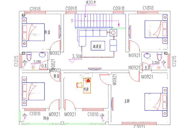 二層中式獨(dú)棟別墅設(shè)計(jì)施工效果圖，25萬(wàn)13×10米3廳5臥帶臥室套間