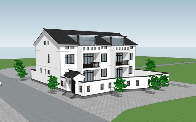 三層21X14米新中式雙拼別墅設(shè)計圖，設(shè)計完成度高，整體性強