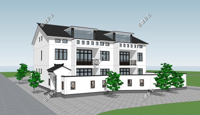 三層21X14米新中式雙拼別墅設(shè)計圖，設(shè)計完成度高，整體性強