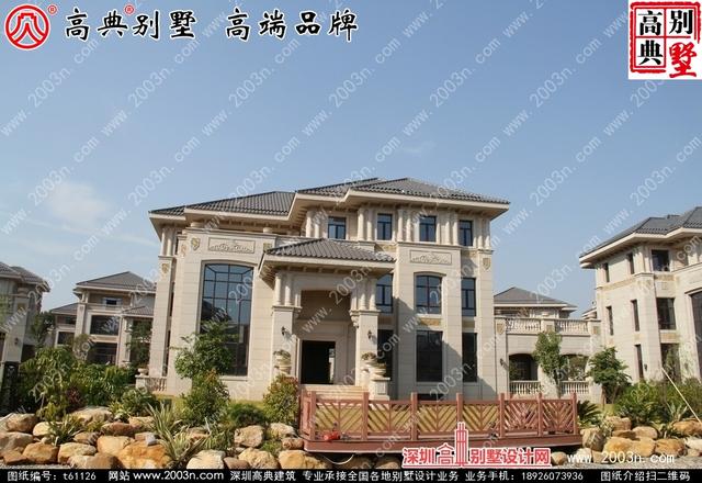 復(fù)式三層純石材別墅設(shè)計圖，整體構(gòu)造時尚大氣，帶影視廳+地下室+車庫