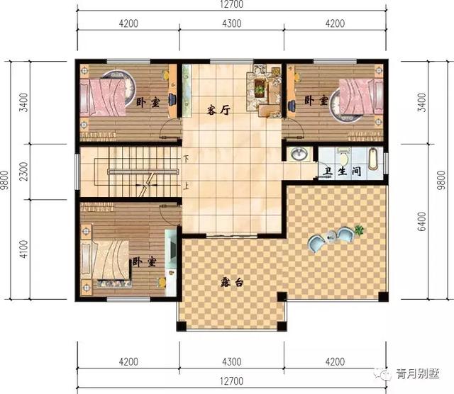 12.7×9.8米三層別墅設(shè)計圖，簡單實用，主體造價45萬，帶有大露臺。
