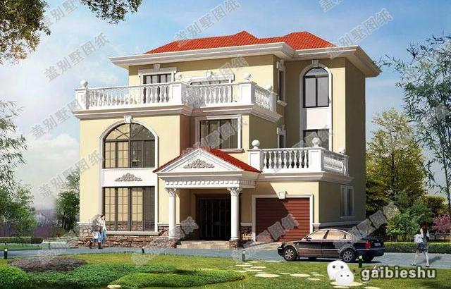 三層農(nóng)村自建帶堂屋車庫(kù)別墅設(shè)計(jì)圖，二三層露臺(tái)高低錯(cuò)落富有參差感，而且有超大的落地窗哦