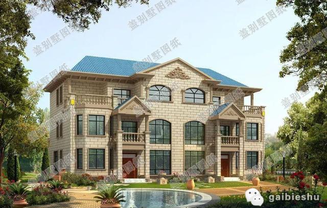 21×13米80萬(wàn)帶堂屋三層雙拼別墅設(shè)計(jì)圖，米黃色墻體與藍(lán)色屋頂搭配清新奪目，讓人感覺(jué)溫馨又不失大氣