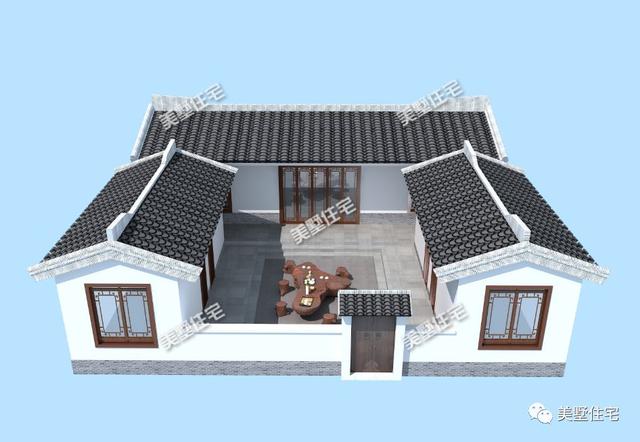 13米開間的一層中式四合院設(shè)計圖，外觀沿襲了中國古典建筑的白墻灰瓦，清新而淡雅