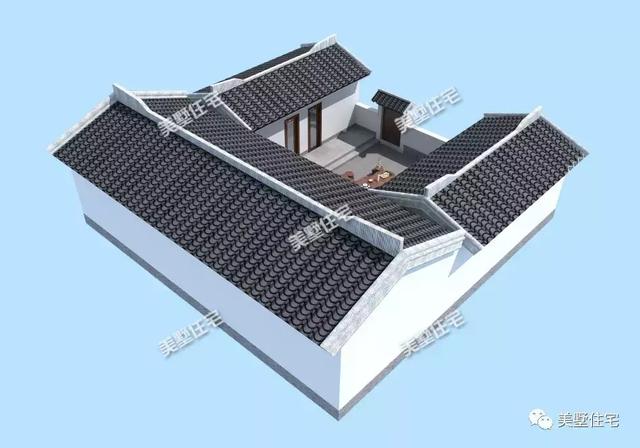 13米開間的一層中式四合院設(shè)計圖，外觀沿襲了中國古典建筑的白墻灰瓦，清新而淡雅