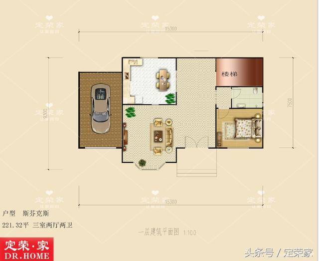 帶車(chē)庫(kù)雙層實(shí)用別墅戶(hù)型圖，造型莊重但又不失活潑，整體給人以大氣之感