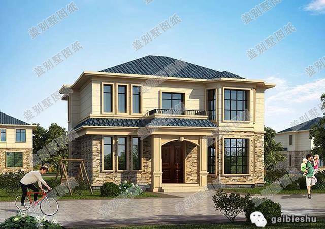 二層帶挑空客廳農(nóng)村自建房設(shè)計(jì)圖，外觀屬于田園風(fēng)格，設(shè)有門廳，客廳中空設(shè)計(jì)