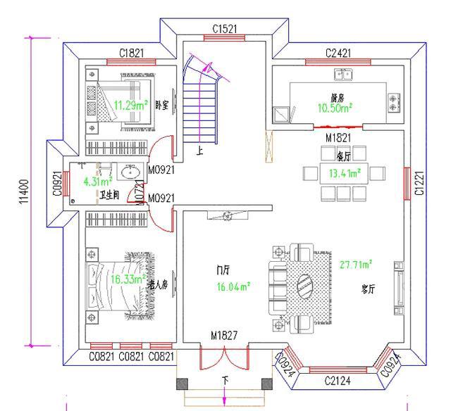 二層帶挑空客廳農(nóng)村自建房設(shè)計(jì)圖，外觀屬于田園風(fēng)格，設(shè)有門廳，客廳中空設(shè)計(jì)