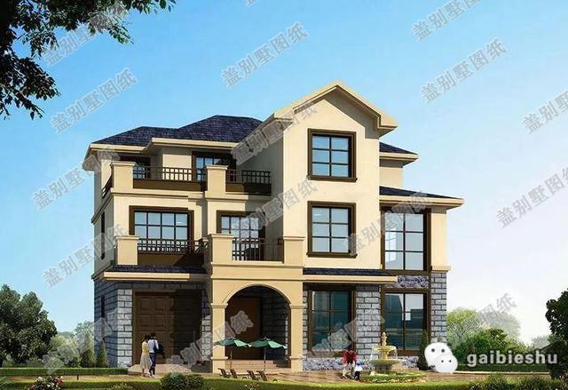 三層15×12米框架結(jié)構(gòu)農(nóng)村房屋設計效果圖，二三層均設有大露臺