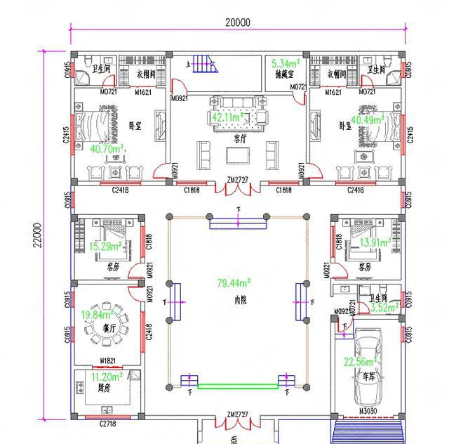 20×22米二層四合院中式別墅設(shè)計(jì)圖，設(shè)置內(nèi)院、圍墻，有主樓和副樓，私密性極高，仿佛與世隔絕，恬靜淡雅