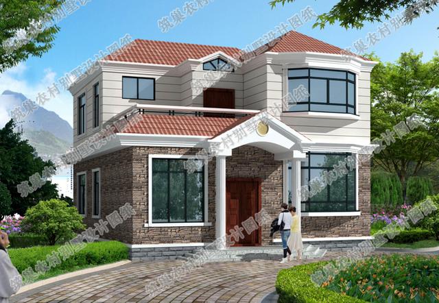 農(nóng)村二層自建房全套施工效果圖25萬11×11米1廳4臥，有飄窗、雙露臺(tái)設(shè)計(jì)，施工難度低