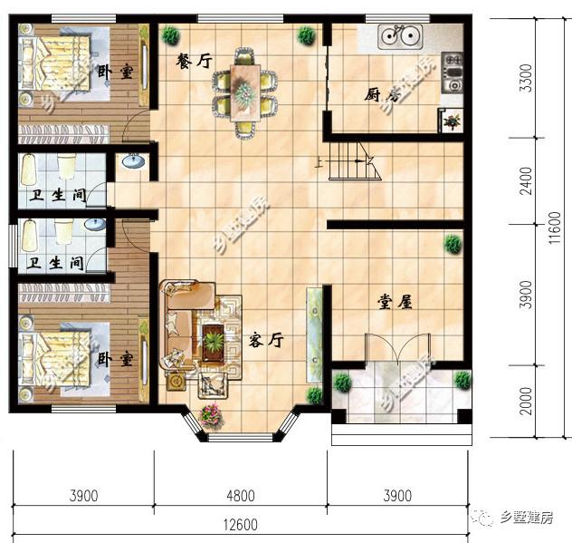 一款二層農(nóng)村自建別墅設(shè)計圖，淡黃色的外觀墻，既不顯庸俗又很好得融入鄉(xiāng)村環(huán)境