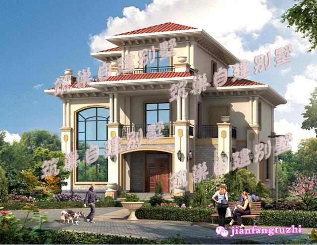 13x10.8米三層自建別墅小洋樓設(shè)計圖，磚紅色屋頂+超大落地窗+大露臺，真是太漂亮了