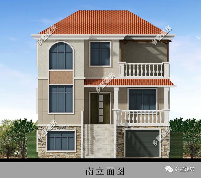 60平大車庫(kù)3層自建簡(jiǎn)歐別墅圖，映入眼簾的是一排階梯直接可以上二樓，非常的大氣，你值得擁有