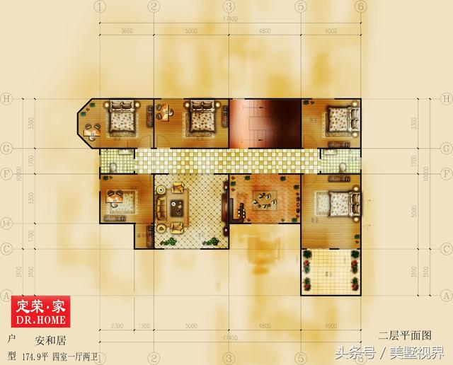 三層的農(nóng)村自建別墅戶型圖，帶車庫(kù)露臺(tái)，除了8個(gè)臥室，還設(shè)有會(huì)客廳、茶室、書房、娛樂室、休閑室等，外觀霸氣，功能齊備完美