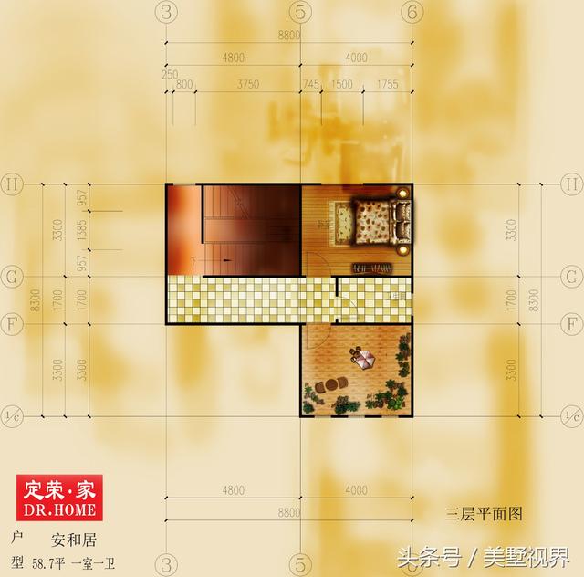 三層的農(nóng)村自建別墅戶型圖，帶車庫(kù)露臺(tái)，除了8個(gè)臥室，還設(shè)有會(huì)客廳、茶室、書房、娛樂室、休閑室等，外觀霸氣，功能齊備完美